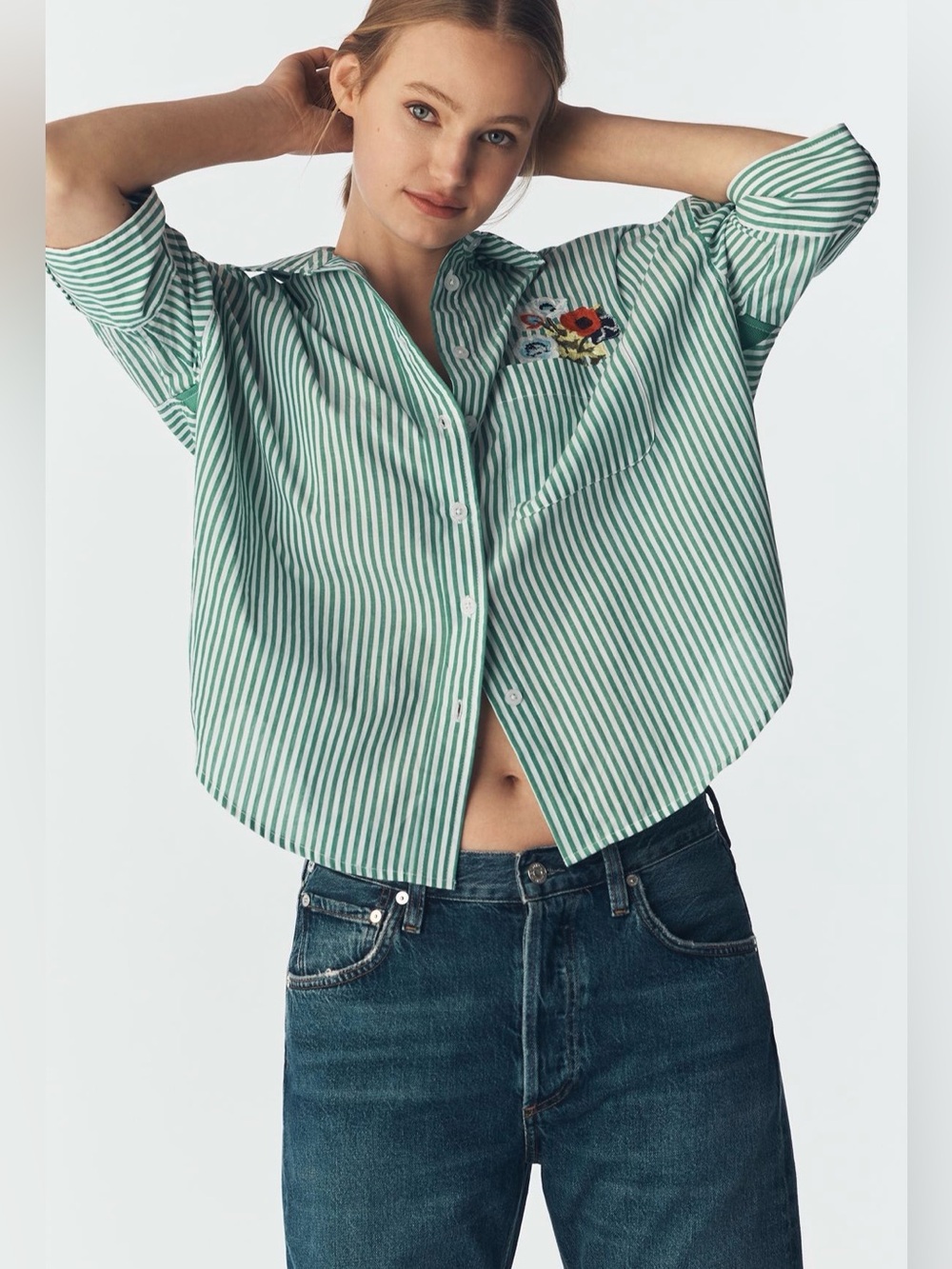 Anthropologie Maeve Mabel Boxy Oxford Embroidered Top. Size Small.